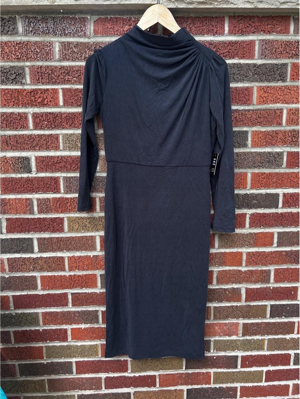 Express Black Ruched Shoulder High Neck Long Sleeve Maxi Dress